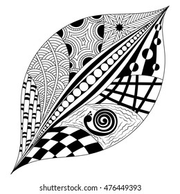 Abstract leaf in zen tangle style. Hand drawn leaf. Monochrome contour leaf on a white background. Floral design element. Leaf vector concept.