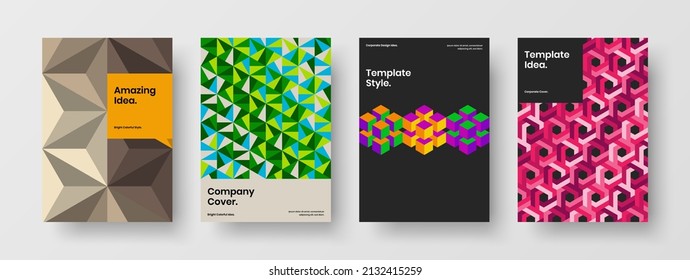 Abstract leaflet A4 vector design concept set. Minimalistic geometric shapes corporate brochure template collection.