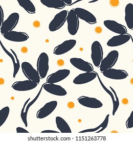 Abstract leafs and berries. Seamless pattern with nature element. Hand drawn style.