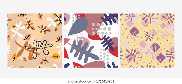 Abstract leafy patterns made in various colors. Rolling color style: autumn, winter, early spring. Trendy modern vector graphics for background, wallpaper, print.