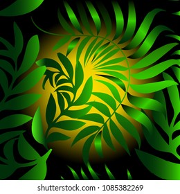 Abstract leafy vector seamless pattern. Green leaves background with night dark sky and moon. Beautiful foliage ornaments. Floral design with forest, trees, branches, leaves. Elegant design