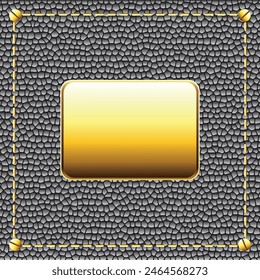 Abstract leather texture, black color background and golden plate illustration.
