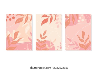Abstrakt verlässt Kunst. Eine Reihe von Postkarten in rosa Pastellfarben. Herbstblätter oder Frühlingsblätter und Dekoelemente. Vektorgrafik