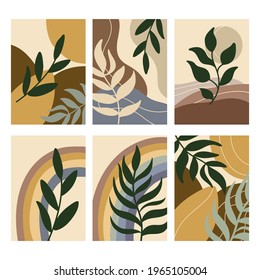 Abstrakte Blätter Kunst. Set Plakate mit Pflanzen und abstrakten Formen. Moderne Boho-Blätter. Botanische Wandkunst für Dekoration, Postkarten, Drucke. Tropische Blätter mit dunklen Farben. Vektorgrafik
