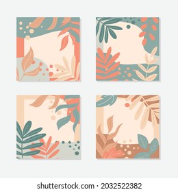 Abstract leaves art. A set of square postcards in pastel colors. Autumn leaves and decor elements. Vector illustration