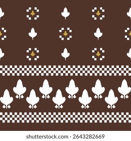 Abstract Leaves Autumn Yellow Brown Nature Inspired Pixel with White Cross Stitch Embroidery Seamless Border Pattern. Beautiful Minimal Warm Knitting Fashion Apparel Scarf Western European Traditional