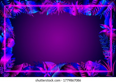 Abstract leaves background with neon frame vector illustration