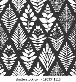 Abstract leaves background. Rhombus shape seamless pattern black and white. Monochrome vector illustration flowers and plants texture for fabric, home decor, wallpaper, wrapping