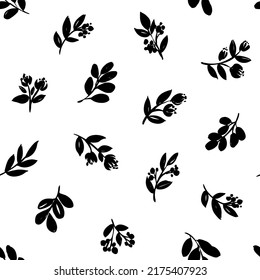 Abstract leaves and branches silhouettes seamless pattern. Hand drawn black brush painted branches. Vector foliage silhouettes. Natural organic ornament. Plants and flowers background 