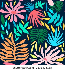 abstract leaves and branches tropical colorful seamless vector pattern. Abstract tropical leaves, pink flowers and branches with colorful leaves seamless pattern