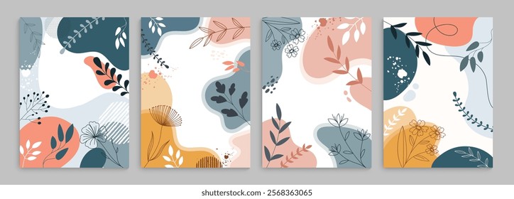 Abstract leaves clipart poster set. Spring flowers and leaf drawing, paint and watercolor template for greetings, invitation and wallpaper background. Vector illustration abstract poster collection. 
