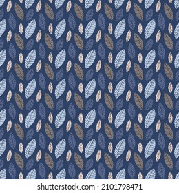 Abstract Leaves, decorative Forest Foliage on navy blue background. Modern Floral Seamless Pattern. Natural hand drawn texture for fashion print, textile, fabric, invitation, wrapping paper