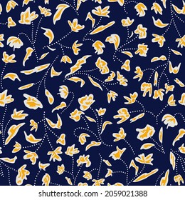 Abstract leaves and dots seamless repeat pattern. Random placed, vector botany elements all over surface print on dark blue background.