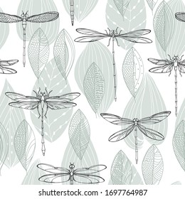 Abstract leaves and dragonflies. Seamless pattern on white. Vector illustration. Outline drawing. 