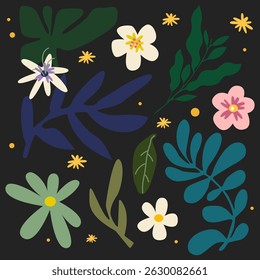 Abstract leaves and flowers background. Botanical design for wallpaper, wall decor, print, postcard, cover, template, banner. Vector illustration on a black background
