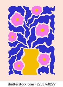 Abstract Leaves and Flowers in Vases Poster. Trendy Floral Print in Contemporary Minimal Style. Groovy Naive Vector Illustration in Bright Yellow, Blue, Pink Colors for Cover, Flyer, Cards