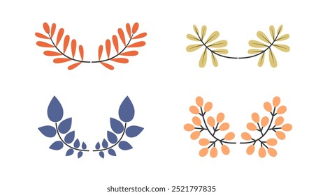 Abstract leaves, geometric shapes. Set of design elements geometric colored branches with leaves, decorative laurel wreaths. Ornaments of herbs, flowers, plants.
