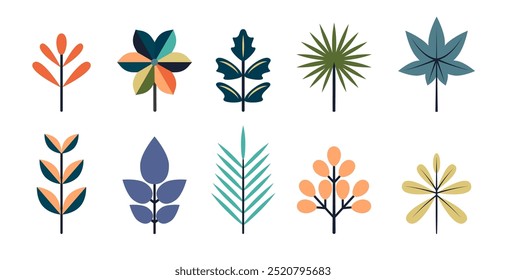 Abstrakte Blätter, geometrische Formen. Frühlings- und Sommerflora. Flache botanische Elemente. Vektorgrafik auf weißem Hintergrund