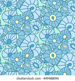 Abstract leaves illustration. Seamless pattern in shades of blue.  Background can be used for textile design, packaging, invitation.
