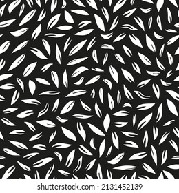 Abstrakt hinterlässt monochrome nahtlose Wiederholmuster. Random platziert, Vektorbotanische Formen auf schwarzem Hintergrund.