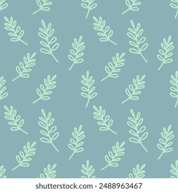 Abstract Leaves On Blue Background Vector Design Floral Border Frame.Seamless Pattern For Fabric,Cloth,Paper,Wallpaper,Wrapping.