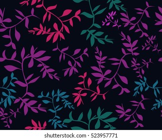 Abstract leaves on dark background, seamless pattern, vector, flat style