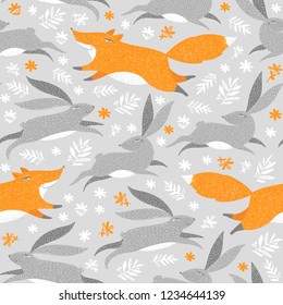 Abstract leaves, plants, rabbit, hare, fox pattern. Vector green nature concept seamless wallpaper.