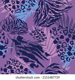 Abstract leaves Seamless Pattern with animal print, Tiger, Safari Leopard and Zebra Skins  