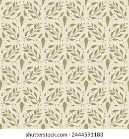 Abstract leaves seamless pattern. Floral plants elements endless background. Botanic foliage repeat cover. Retro simple loop ornament. Vector flat hand drawn illustration.