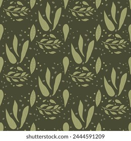 Abstract leaves seamless pattern. Floral plants elements endless background. Botanic foliage repeat cover. Retro simple loop ornament. Vector flat hand drawn illustration.