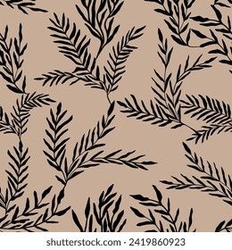 El resumen deja un patrón sin fisuras. Plantas negras dibujadas a mano. Siluetas de follaje vectorial. Ornamento orgánico natural.