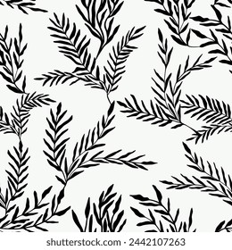 Abstract leaves seamless pattern. Hand drawn black plants. Vector foliage silhouettes. Natural organic ornament.