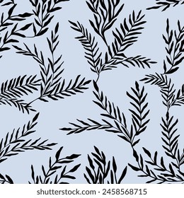 Abstract leaves seamless pattern. Hand drawn black plants. Vector foliage silhouettes. Natural organic ornament.