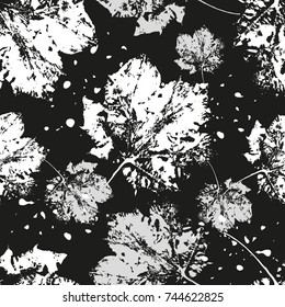 Abstract leaves seamless pattern. Hand drawn leaf silhouettes with scribble textures. Natural elements in monochrome colors. Vector grunge design for paper, fabric, backgrounds and natural product. 