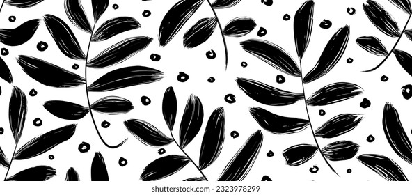 Abstract leaves seamless pattern.  ink brush texture.