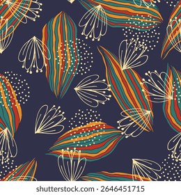 Abstract leaves seamless pattern. Leaf silhouettes with doodle textures. Vector illustration