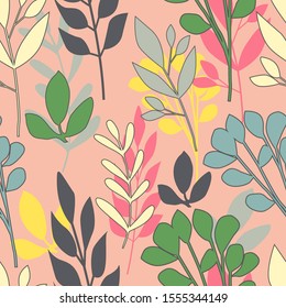 Abstract leaves seamless pattern on pink background. Printing, textile, fabric, fashion, interior, wrapping paper concept Vector illustration