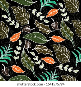 Abstract leaves seamless pattern on black background. Printing, textile, fabric, fashion, interior, wrapping paper