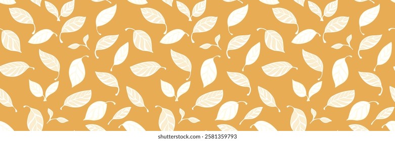 Abstract leaves seamless pattern on a vintage yellow background. Vector hand drawn creative shapes leaf print. Contemporary minimalist ornament for cover, fabric, children textiles, surface designs,