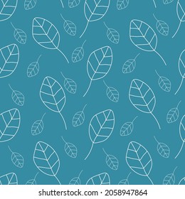 Abstract leaves seamless pattern. Outline of foliage on a blue background. Vector illustration of leaf fall. Modern design for fabric, packaging, online store.