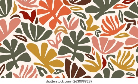 Abstract Leaves Seamless Pattern. Tropical Leaves Background. Floral Wallpaper. Botanical Design for Prints, Surface, Home Decoration, Fabric. Vector Illustration. Not AI