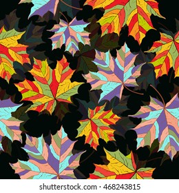 Abstract leaves, seamless pattern, vector background. Multi-colored maple leaves on a black background For the design of wallpaper, fabric, decoration material