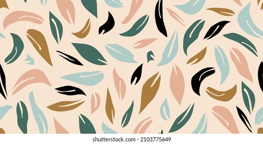 Abstract leaves seamless repeat pattern background. Random placed, multicolored, vector botany leaf shapes all over surface print.