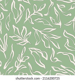 Abstract leaves seamless repeat pattern on sage green background. Random placed, vector botanical plants all over print.