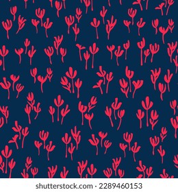 Abstract leaves seamless repeat pattern. Multicolored, vector botanical elements all over surface print on dark blue background.