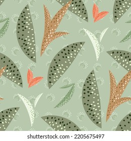 Abstract leaves seamless vector pattern. Modern foliage repeating contemporary background. green ochre folk art leaf backdrop Use for fabric, wallpaper, home decor.