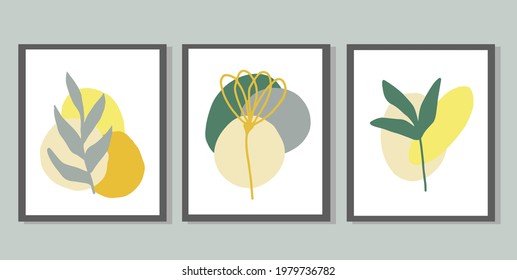 abstract leaves set of posters. hand drawn. vector, trendy colors 2021, minimalism. prints for t-shirt, card, sticker