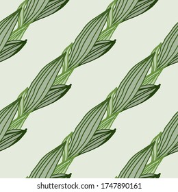 Abstract leaves shape seamless pattern on green background. Line art leaf endless ornament. Botanical wallpaper. Design for fabric, textile print, wrapping paper, cover. Vector illustration.
