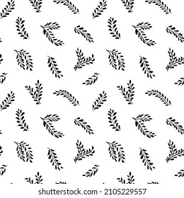 Abstract leaves silhouettes seamless pattern. Hand drawn black leaf with scribble rough textures. Plant motif with branch silhouettes, decorative brush twigs. Black ink texture with foliage.