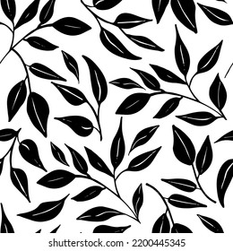 Abstract leaves silhouettes seamless pattern. Hand drawn black leaf with scribble rough textures. Plant motif with branch silhouettes, decorative brush twigs. Black ink texture with foliage.